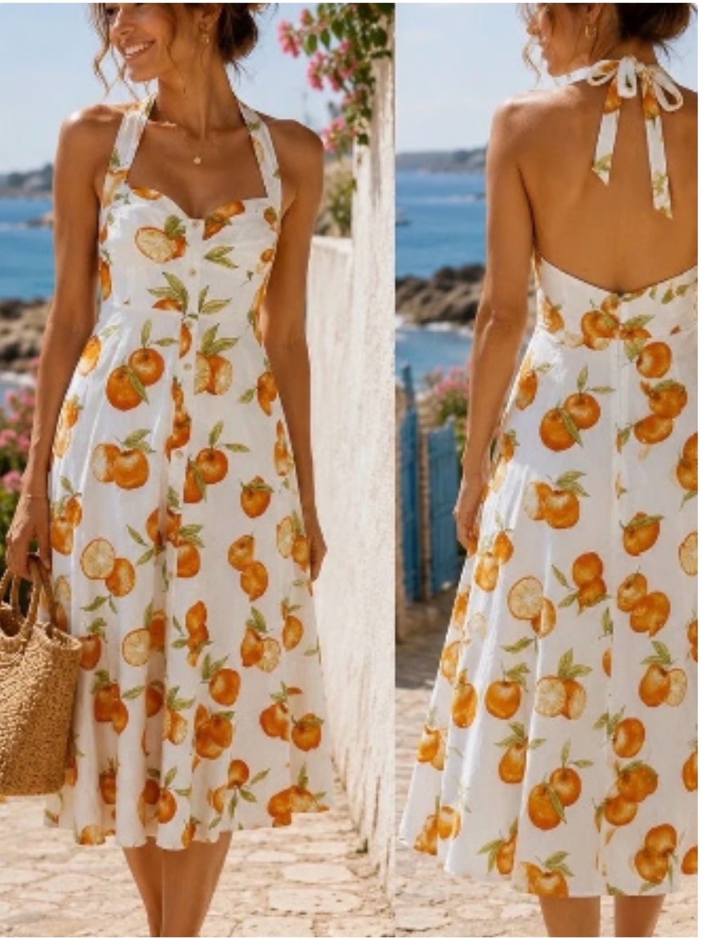 Zara Women's Orange Fruit Printed Halter Linen Blend Midi Dress size XS